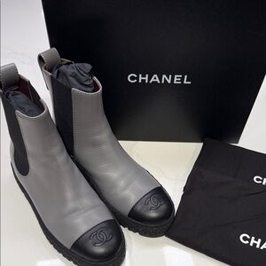 CHANEL Two-Tone Leather Ankle Boots